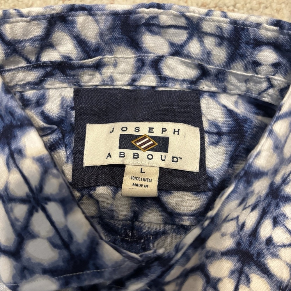 Joseph Abboud European Linen Shirt Blue White Patterned Long Sleeve Mens Large